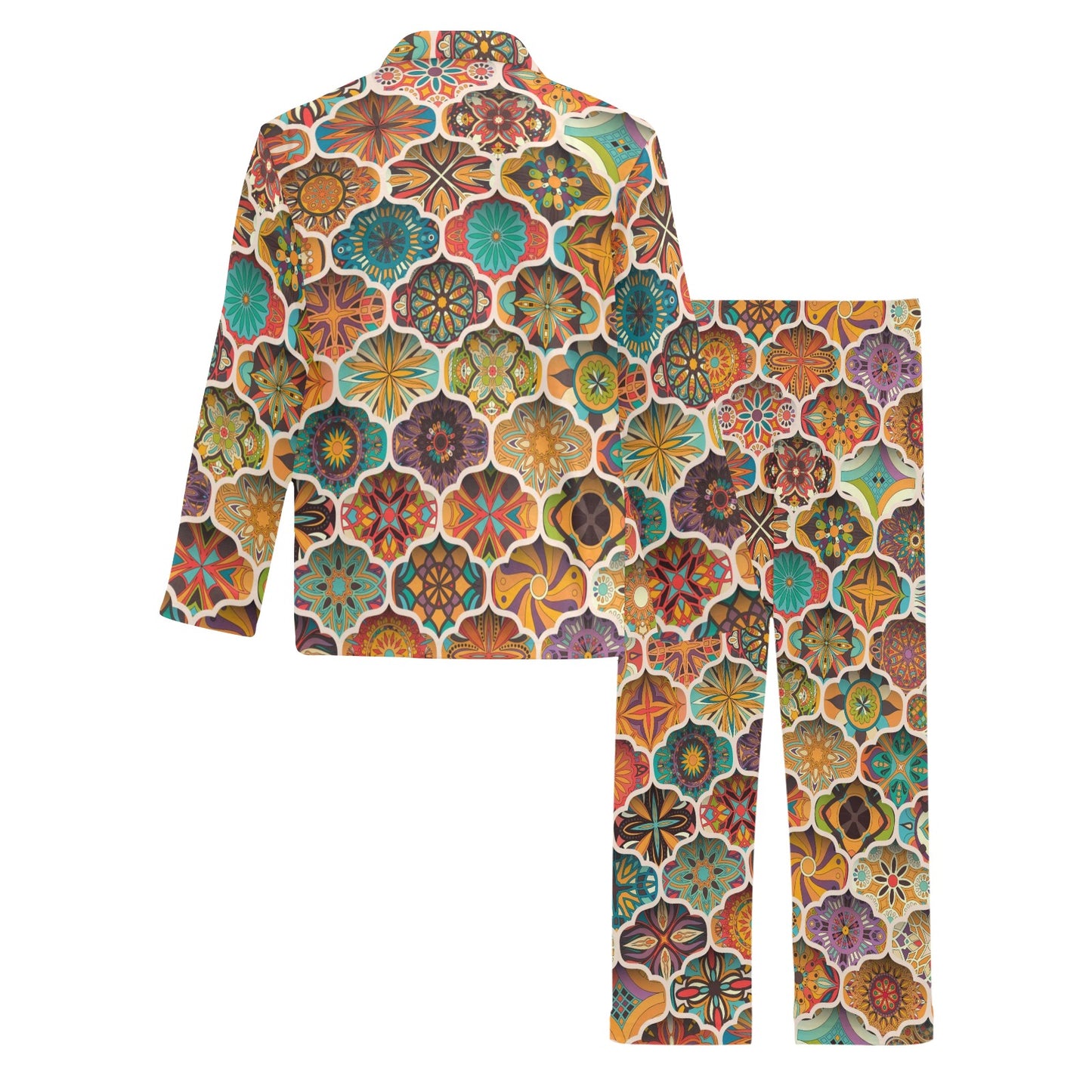 Mandala Mosaic Themed Design Print Men's Long Pajama Set