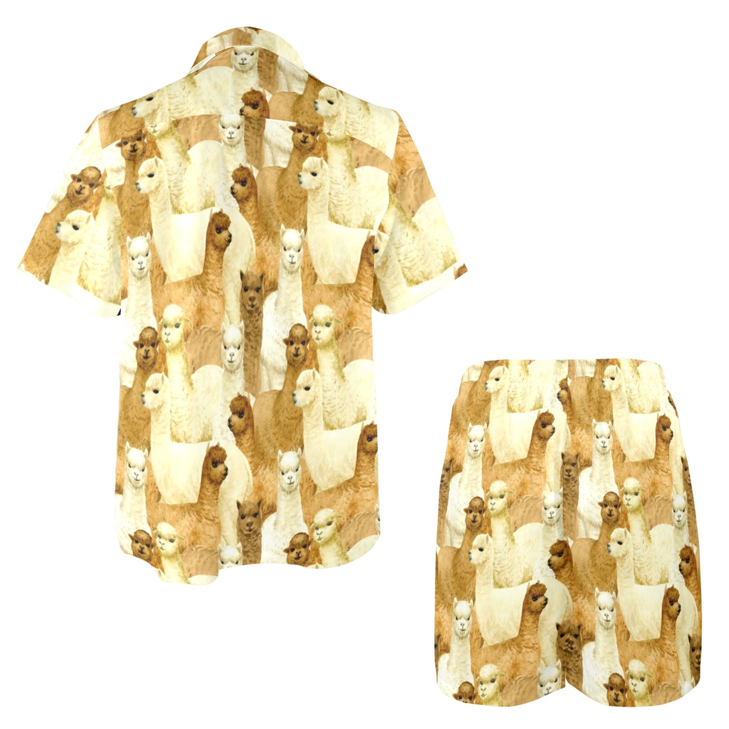 Alpaca Watercolor Design Themed Print Men's Beach Shirt and Shorts Set