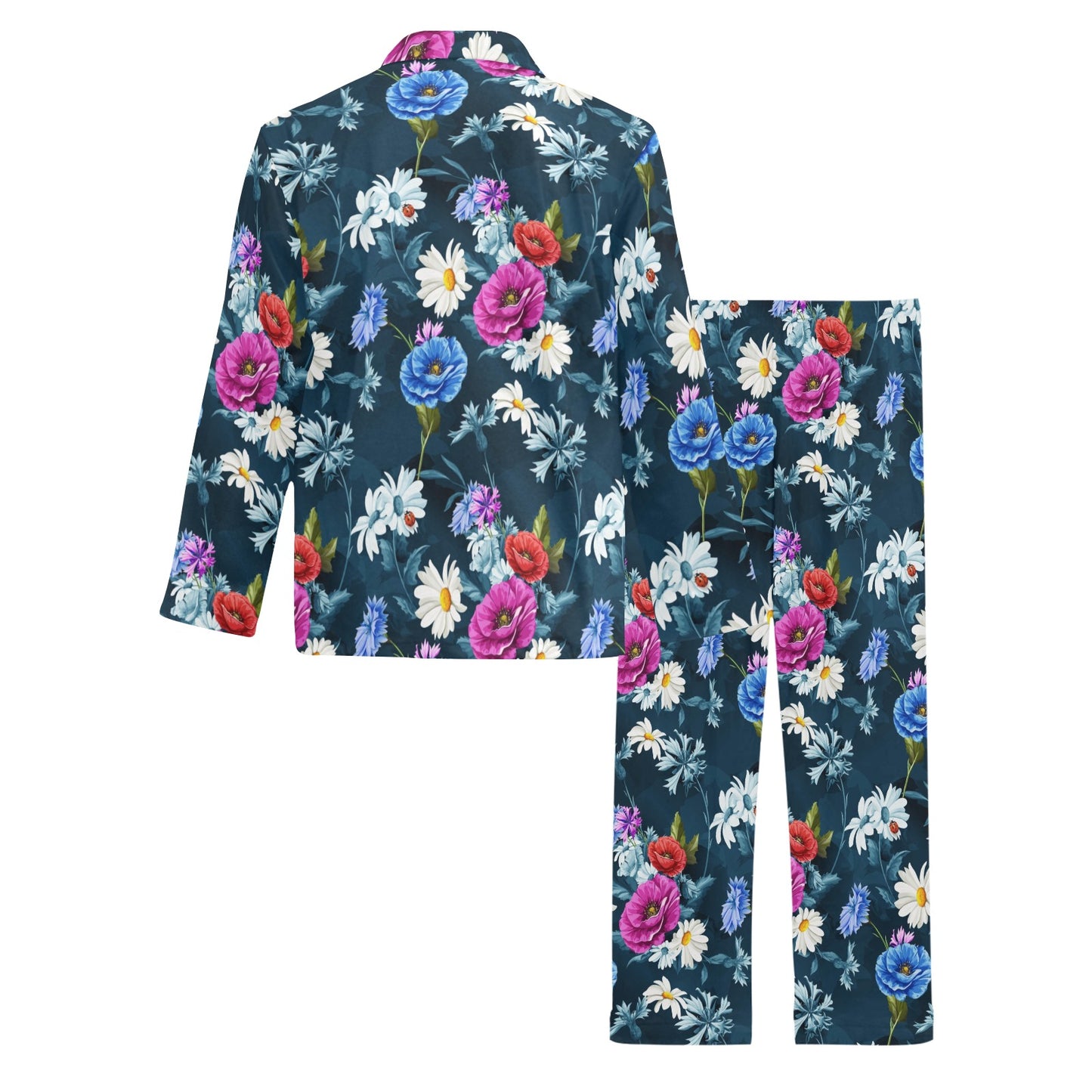 Floral Blue Themed Print Men's Long Pajama Set