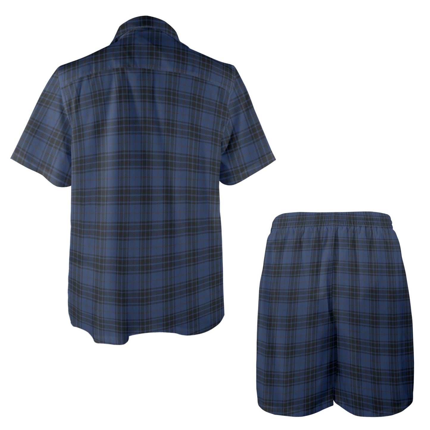 Navy Blue Tartan Plaid Pattern Men's Beach Shirt and Shorts Set
