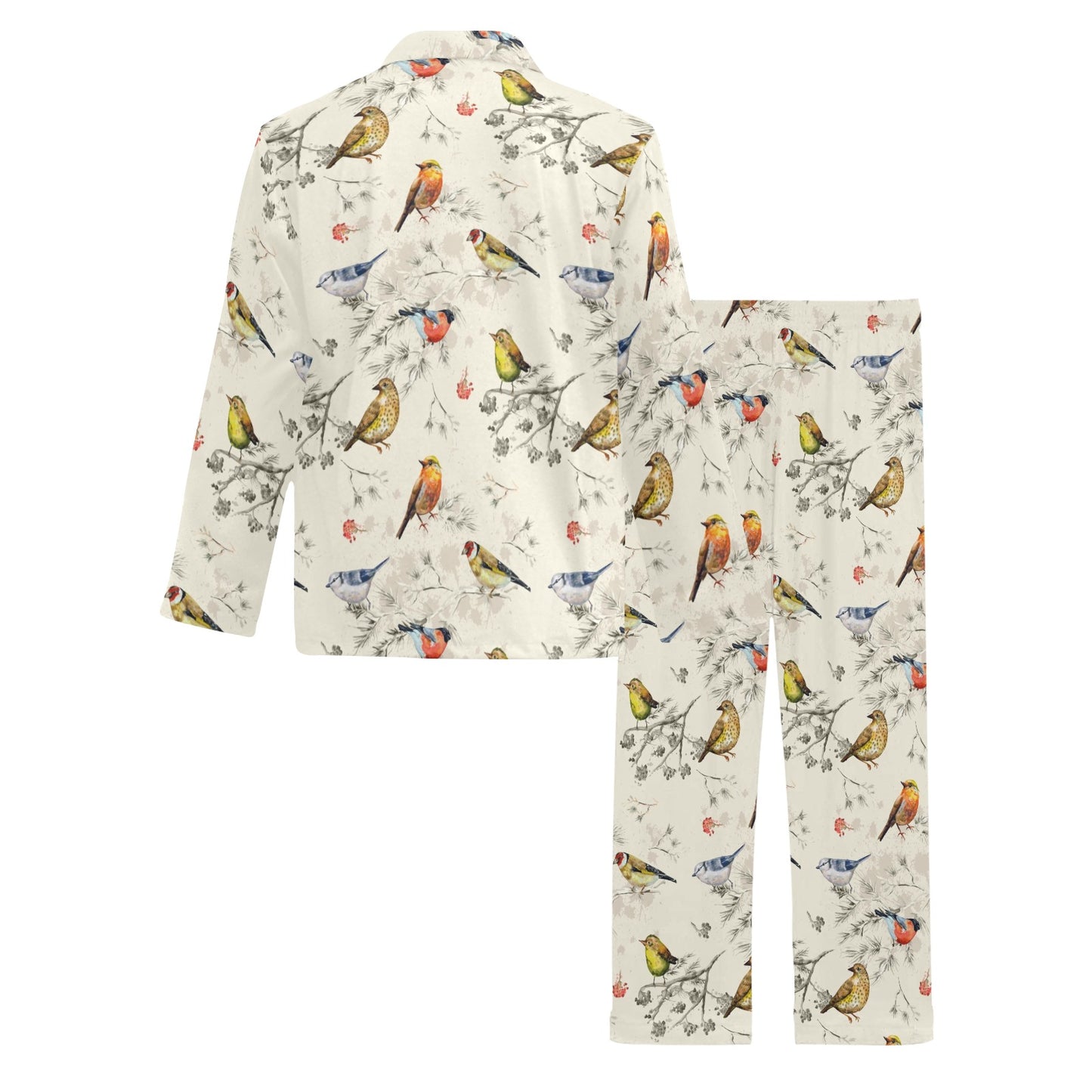 Bird Watercolor Design Pattern Men's Long Pajama Set