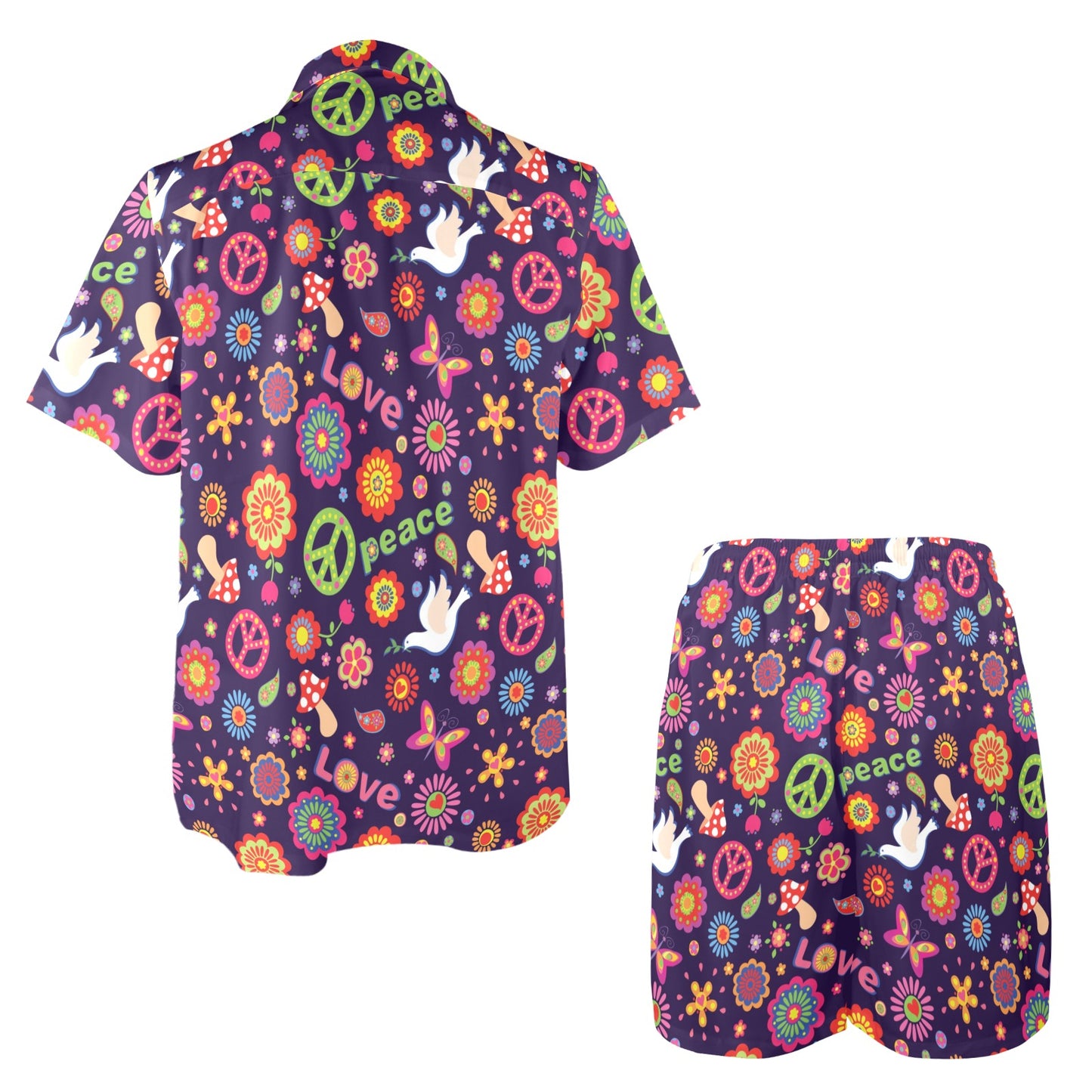 Flower Power Peace Design Print Men's Beach Shirt and Shorts Set