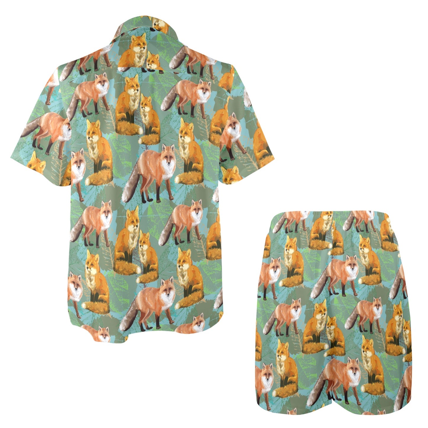 Fox Autumn leaves Themed Men's Beach Shirt and Shorts Set