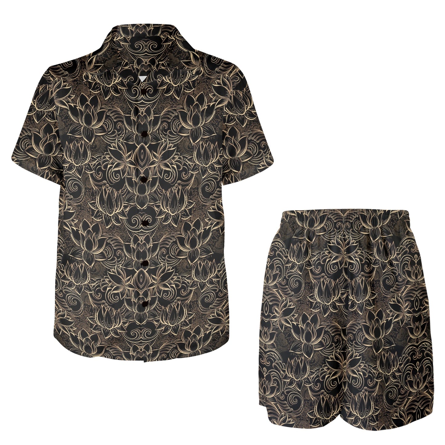 Lotus Gold Mandala Design Themed Men's Beach Shirt and Shorts Set