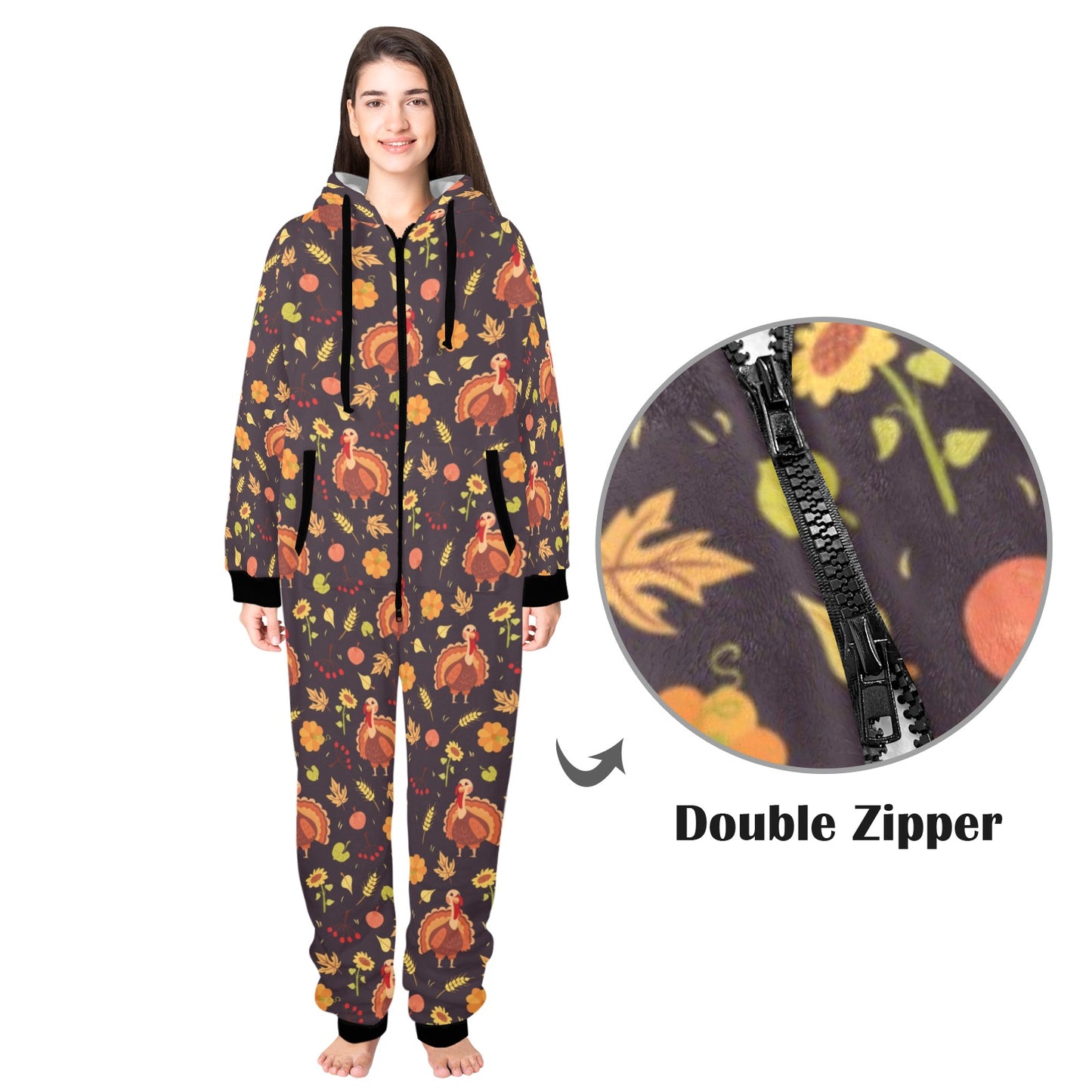 Thanksgiving Print Design LKS305 Hooded Fleece Onesie Pajama Jumpsuit
