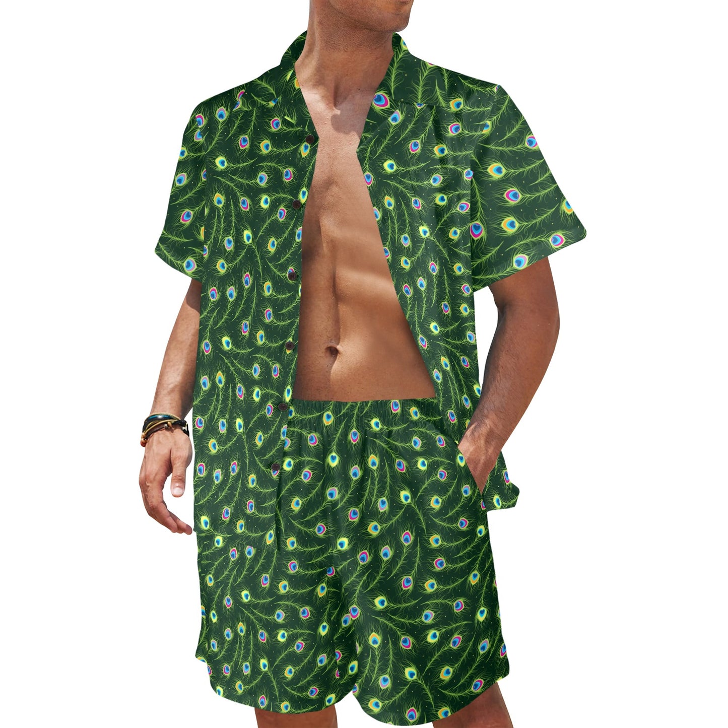 Peacock Feather Green Design Print Men's Beach Shirt and Shorts Set