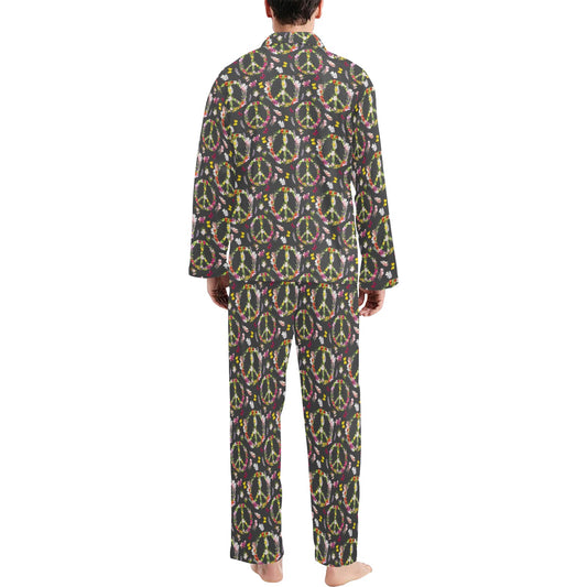 Peace Sign flowers Design Print Men's Long Pajama Set