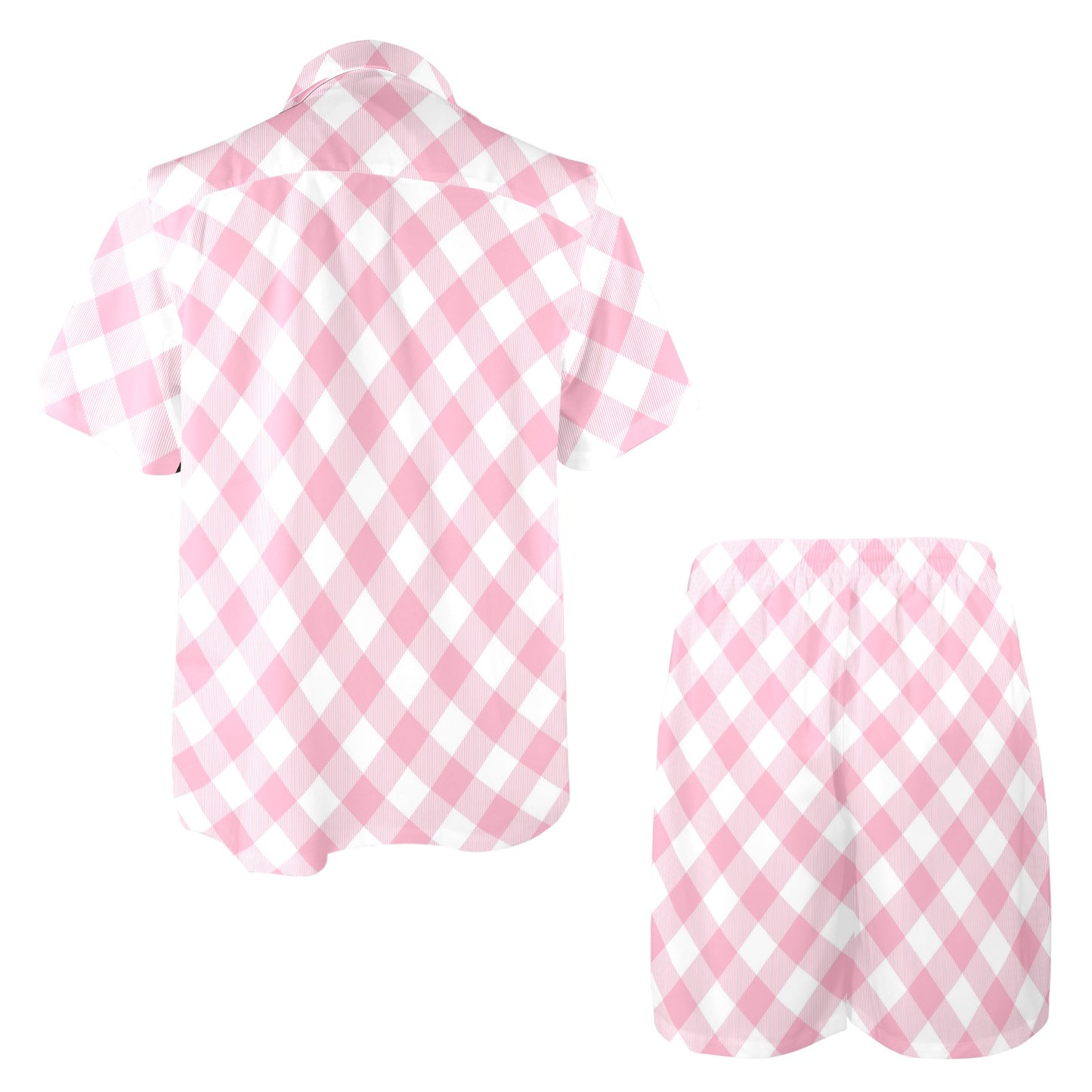 Gingham Pink Pattern Print Design 02 Men's Beach Shirt and Shorts Set