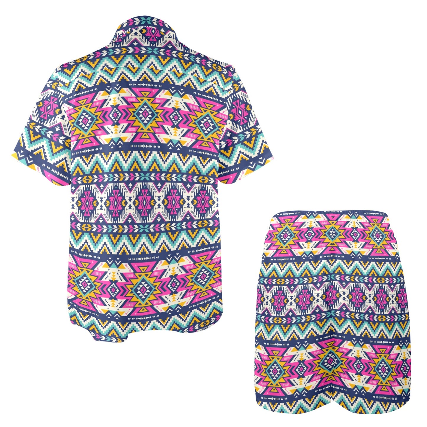 Aztec Pink Geometric Print Pattern Men's Beach Shirt and Shorts Set