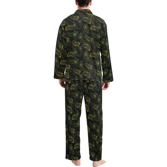 Peacock Feather Pattern Design Print Men's Long Pajama Set
