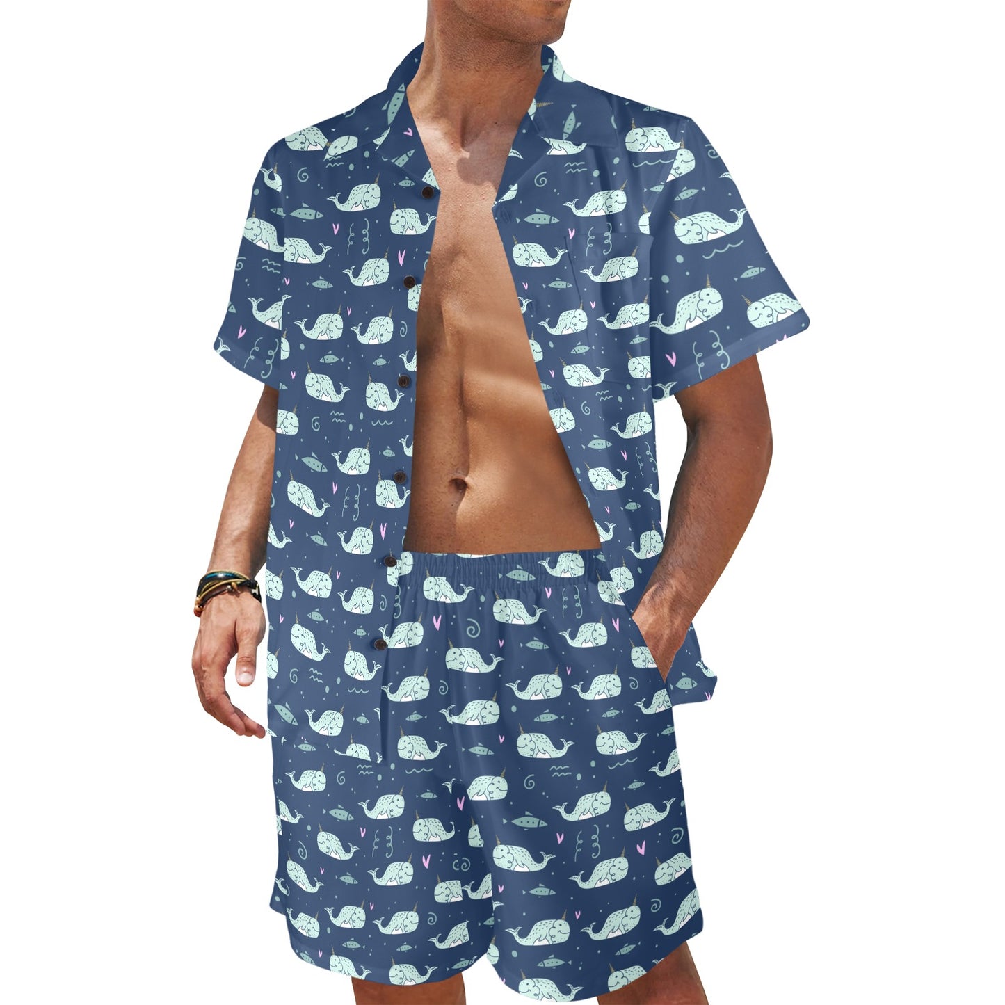 Narwhal Design Print Men's Beach Shirt and Shorts Set