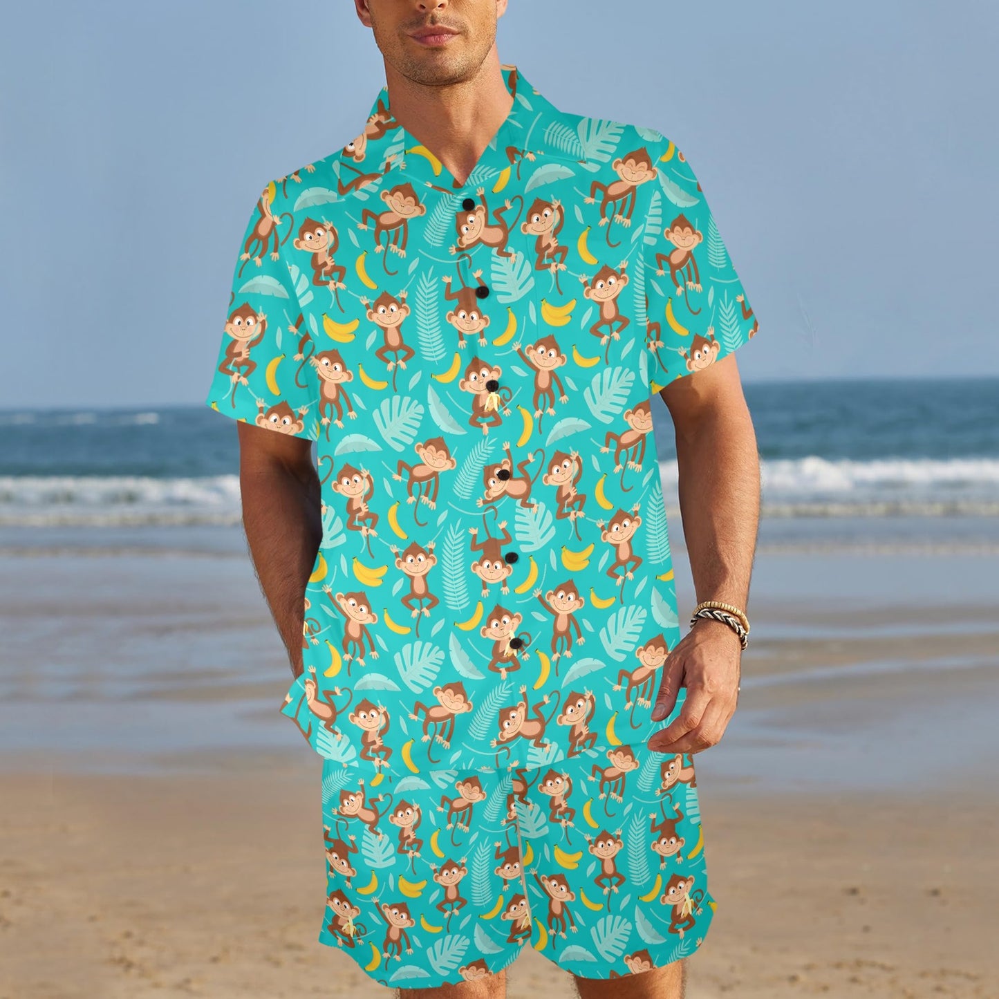 Monkey Happy Design Themed Print Men's Beach Shirt and Shorts Set