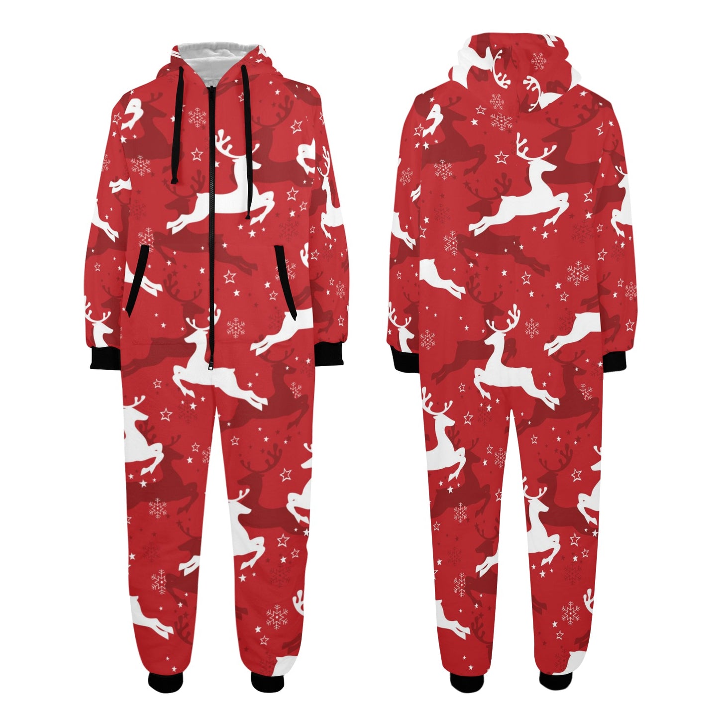 Reindeer Red Pattern Print Design 01 Hooded Fleece Onesie Pajama Jumpsuit