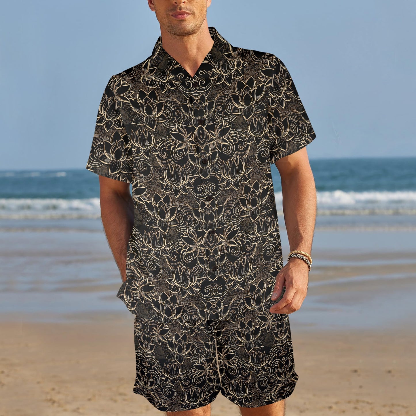 Lotus Gold Mandala Design Themed Men's Beach Shirt and Shorts Set