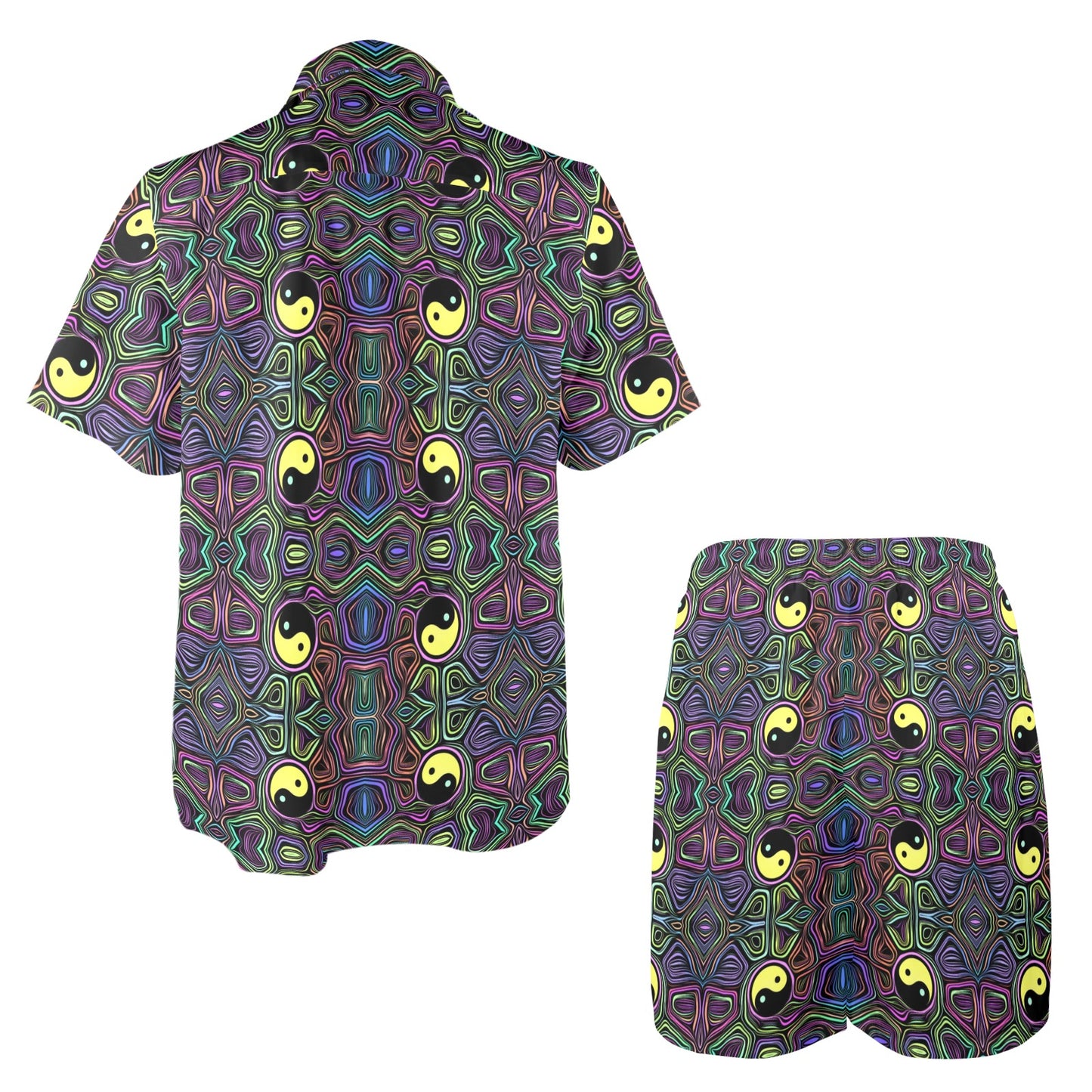 Yin Yang Neon Color Design Print Men's Beach Shirt and Shorts Set