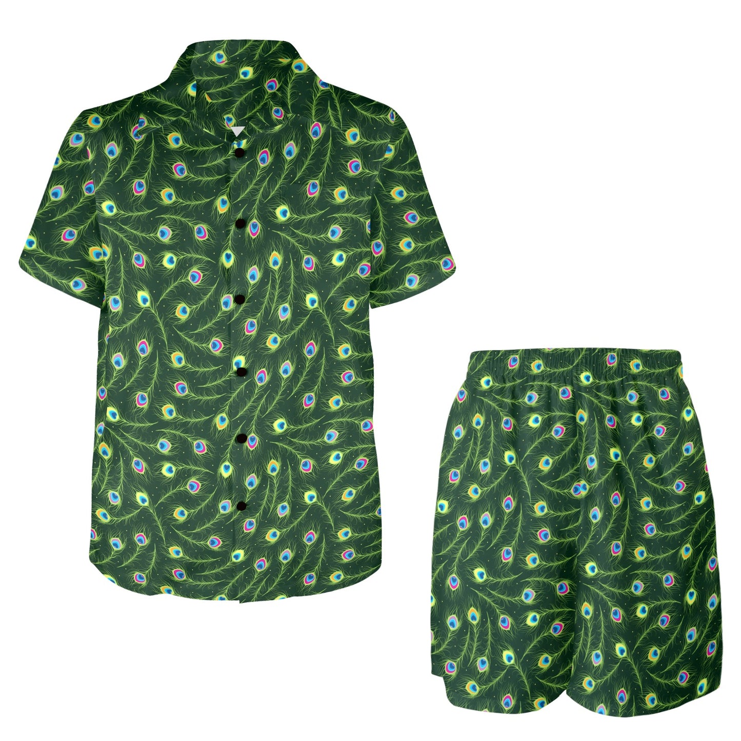 Peacock Feather Green Design Print Men's Beach Shirt and Shorts Set