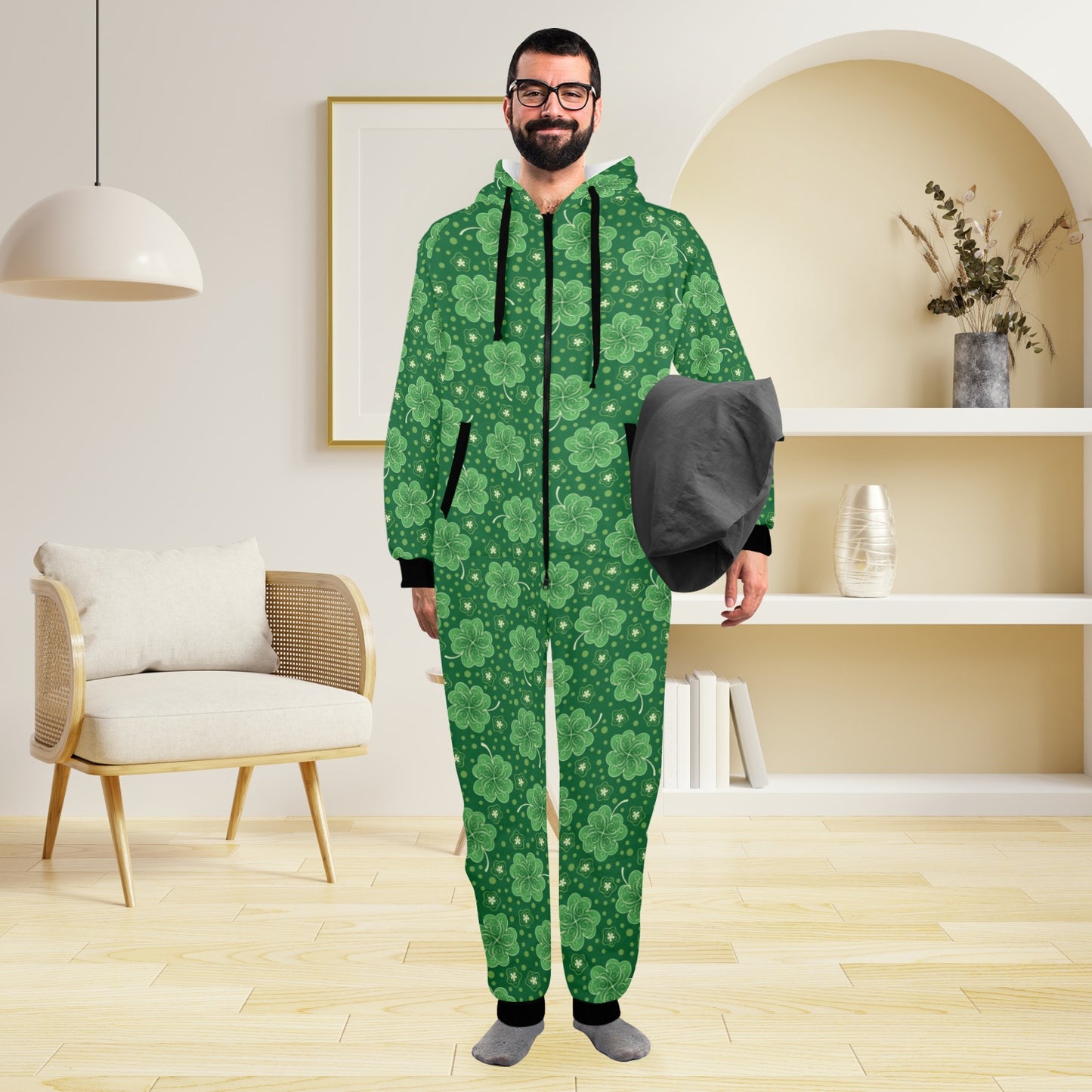 Shamrock Design Print Hooded Fleece Onesie Pajama Jumpsuit
