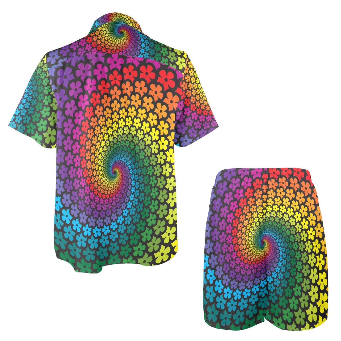 Flower Power Rainbow Spiral Print Men's Beach Shirt and Shorts Set