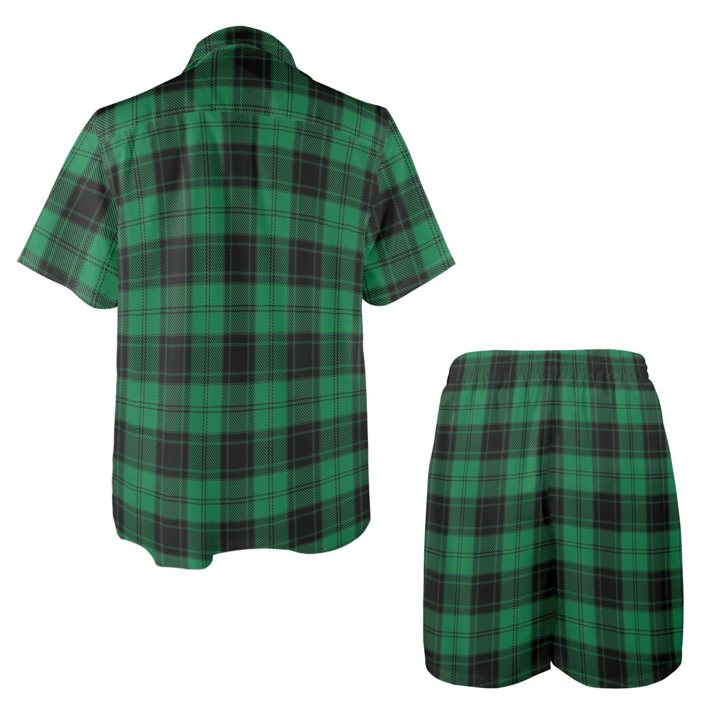 Tartan Green Print Design LKS302 Men's Beach Shirt and Shorts Set