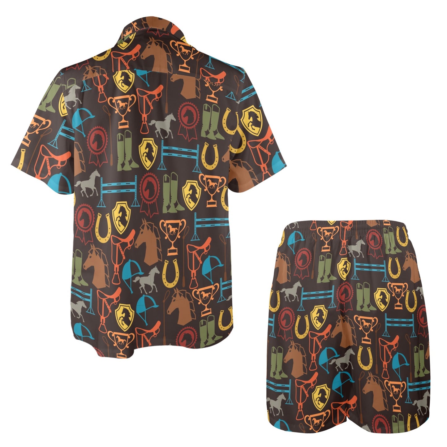 Equestrian Equipment Horse Colorful Men's Beach Shirt and Shorts Set