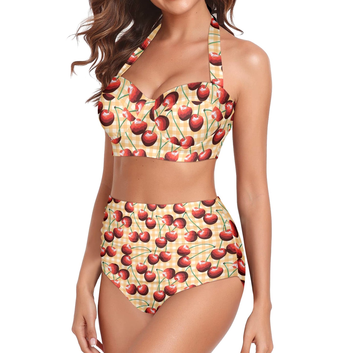Cherry Orange Plaid Print Halter Neck Bikini Swimsuit