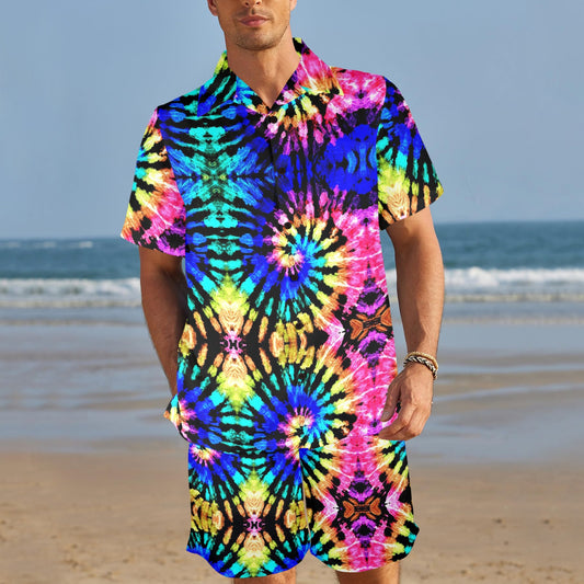 Tie Dye Rainbow Design Print Men's Beach Shirt and Shorts Set