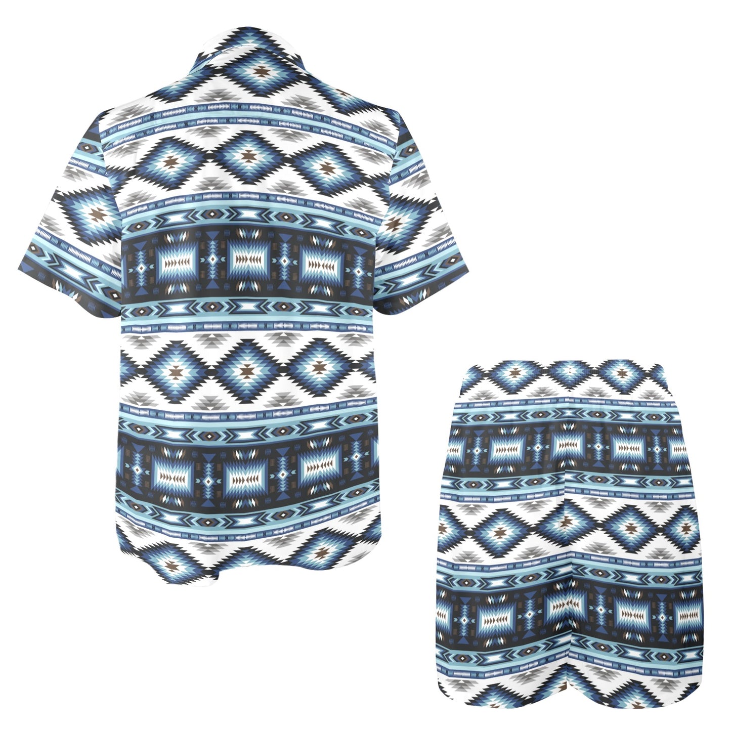 Navajo Dark Blue Print Pattern Men's Beach Shirt and Shorts Set
