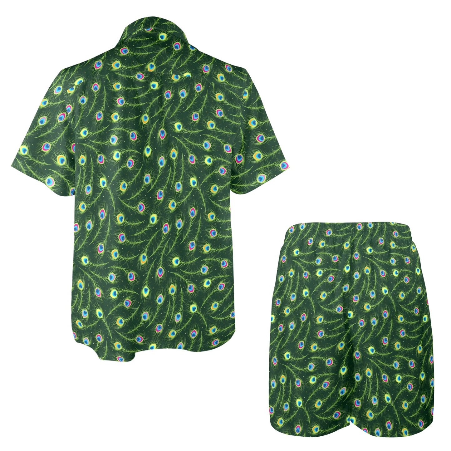 Peacock Feather Green Design Print Men's Beach Shirt and Shorts Set