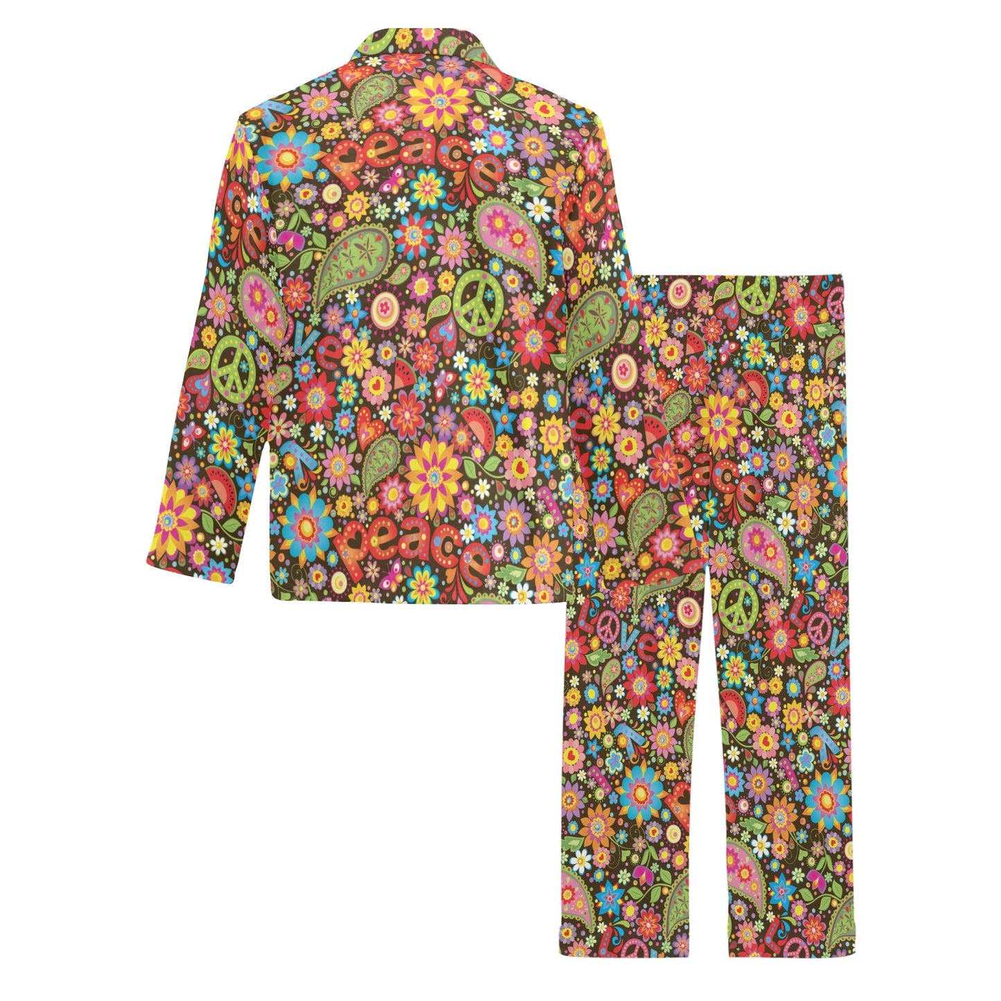 Flower Power Peace Paisley Themed Print Men's Long Pajama Set