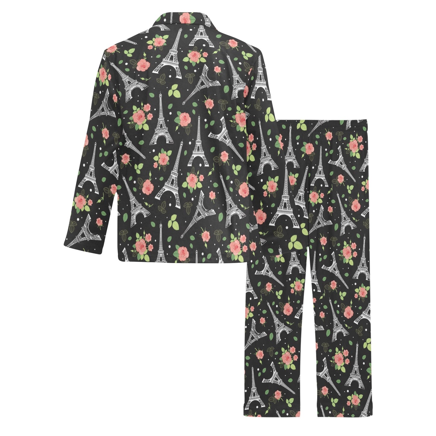 Eiffel Tower Rose Print Men's Long Pajama Set