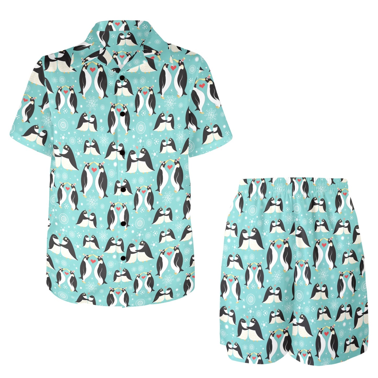 Penguin Love Print Men's Beach Shirt and Shorts Set