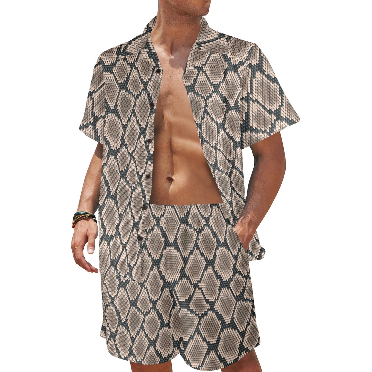 Snake Skin Design Print Men's Beach Shirt and Shorts Set