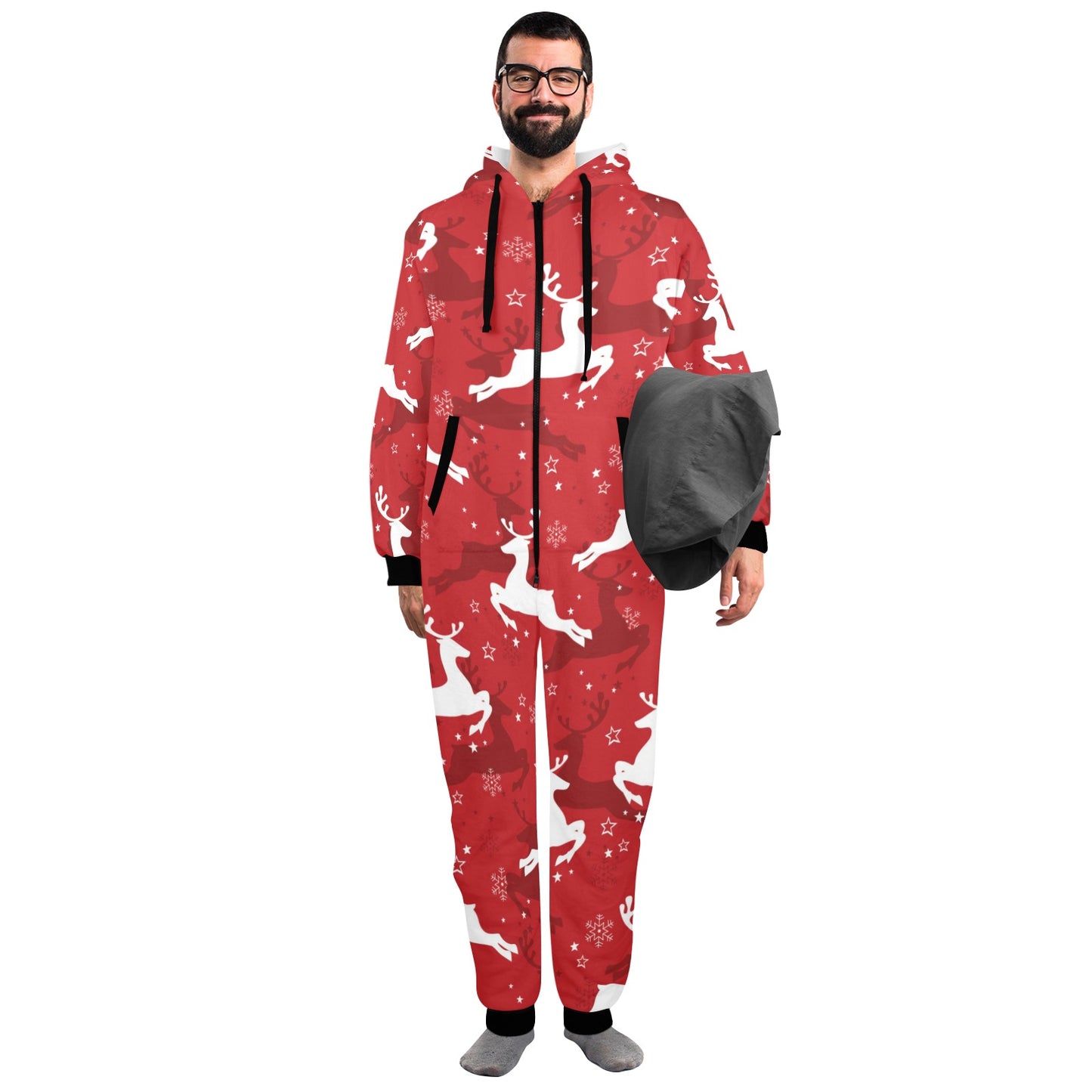Reindeer Red Pattern Print Design 01 Hooded Fleece Onesie Pajama Jumpsuit