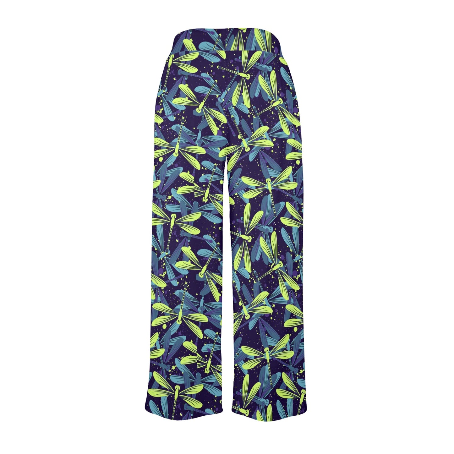 Dragonfly Lime Blue Print Pattern Women's Wide Leg Lounge Pants