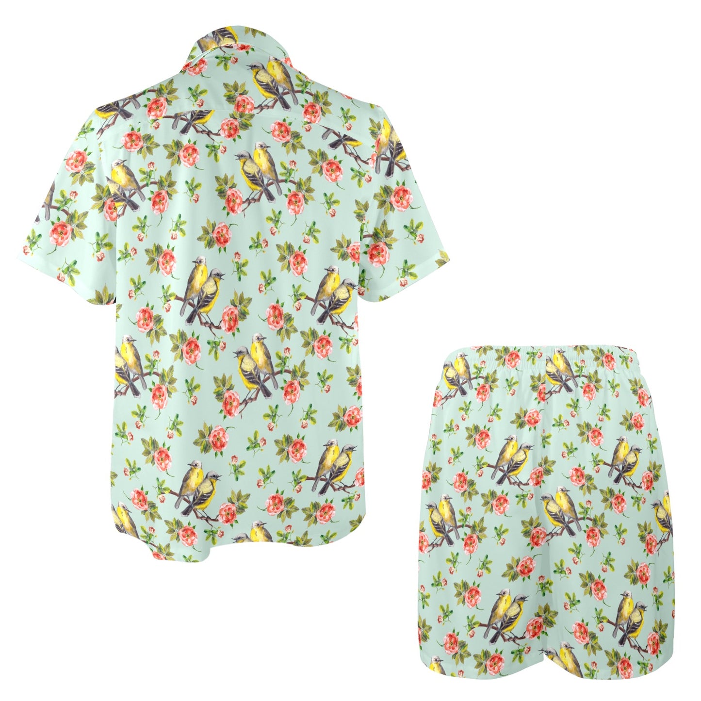 Bird with Red Flower Print Pattern Men's Beach Shirt and Shorts Set
