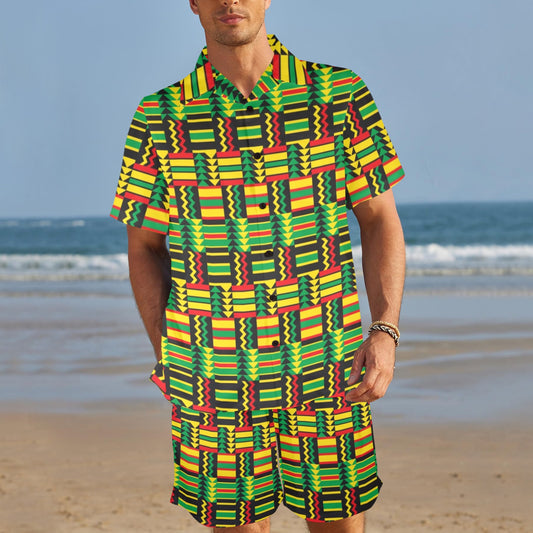 African Zip Zag Print Pattern Men's Beach Shirt and Shorts Set