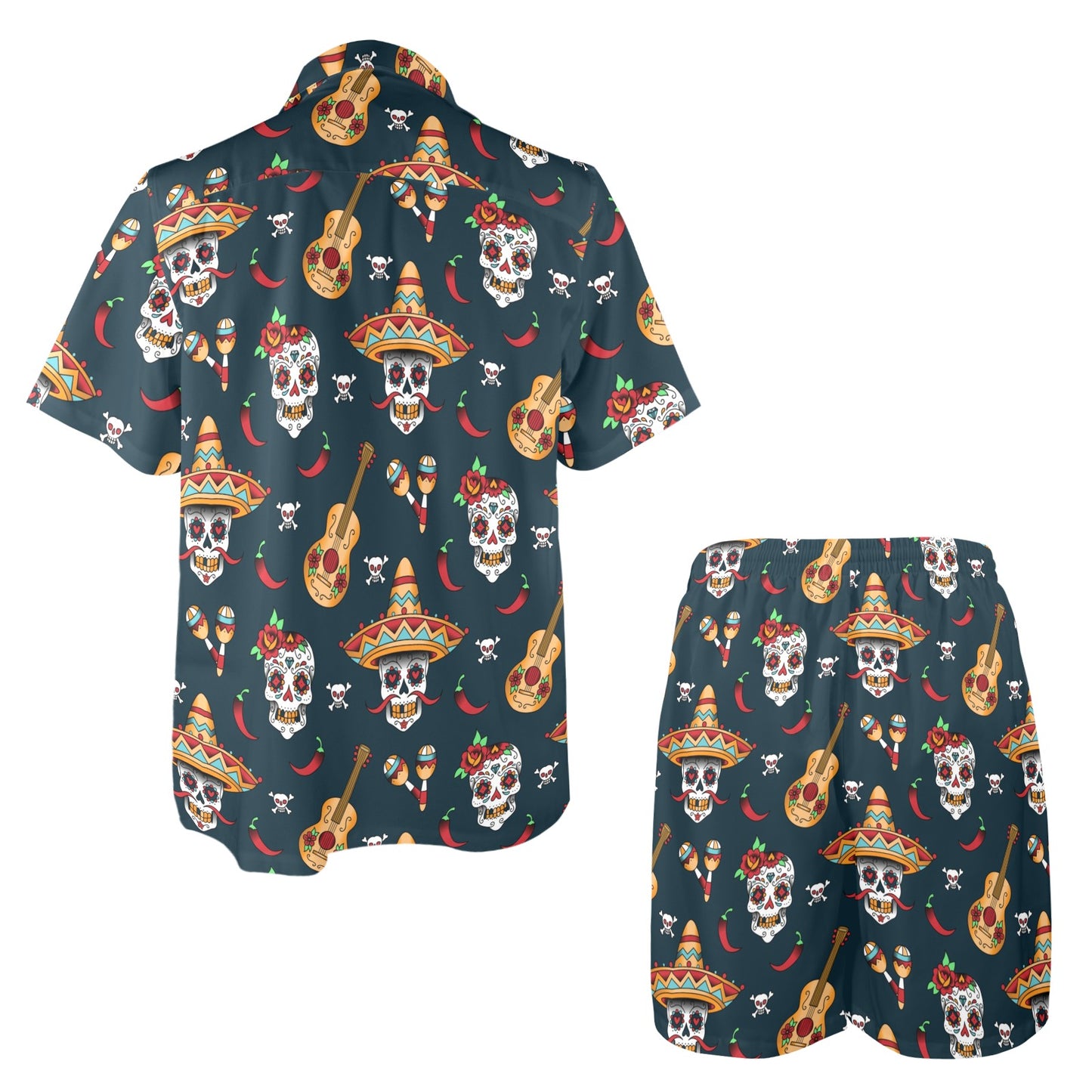 sugar skull Mexican Men's Beach Shirt and Shorts Set