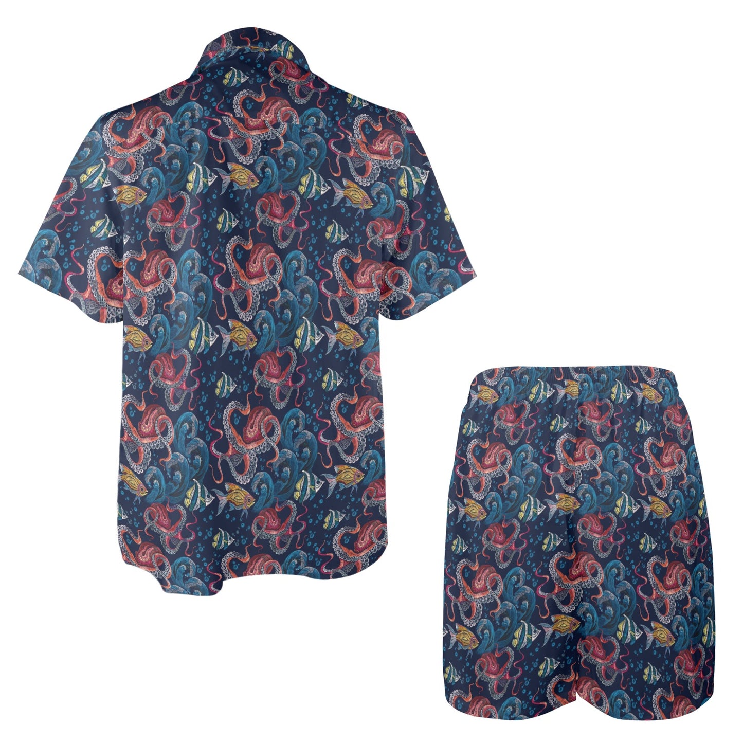 Octopus Deep Sea Print Themed Men's Beach Shirt and Shorts Set