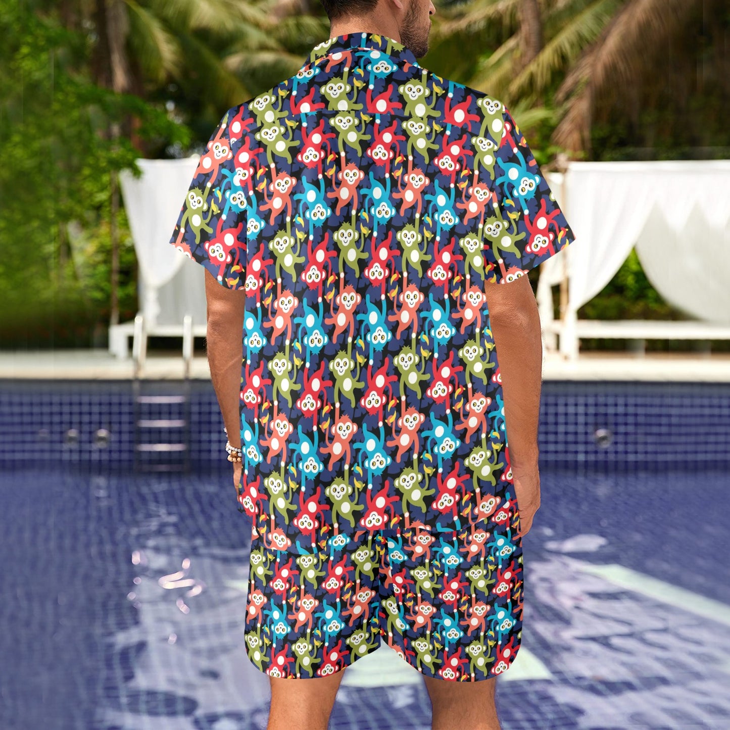 Monkey Colorful Design Themed Print Men's Beach Shirt and Shorts Set