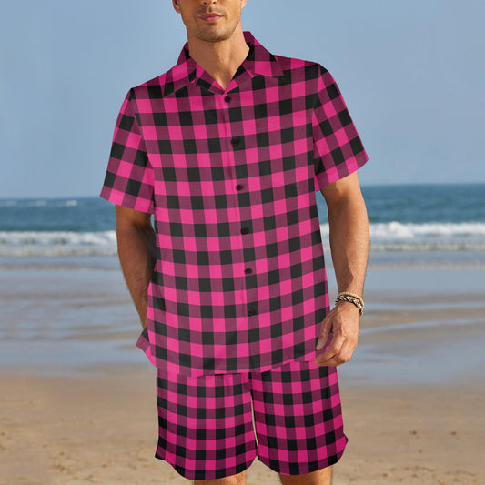 Pink Tartan Plaid Pattern Men's Beach Shirt and Shorts Set