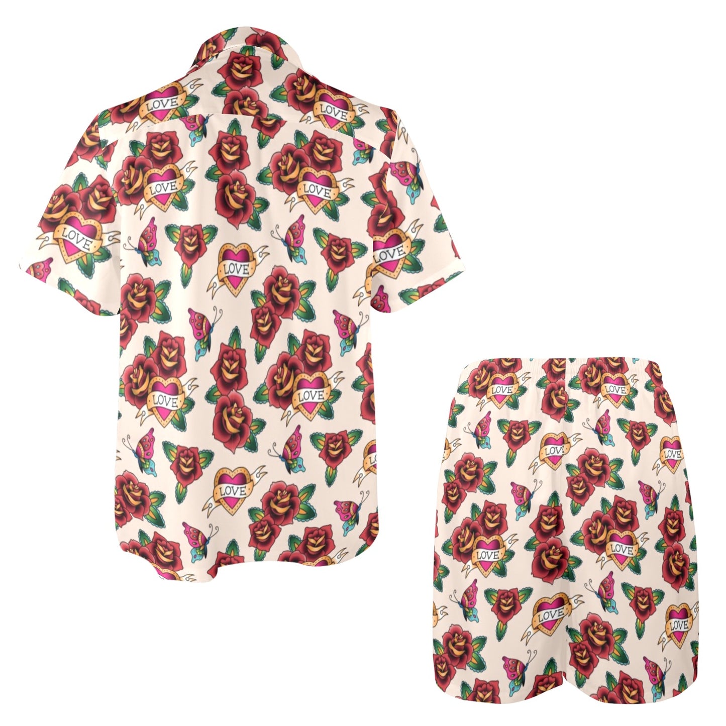 Old School Tattoo Rose Pattern Men's Beach Shirt and Shorts Set