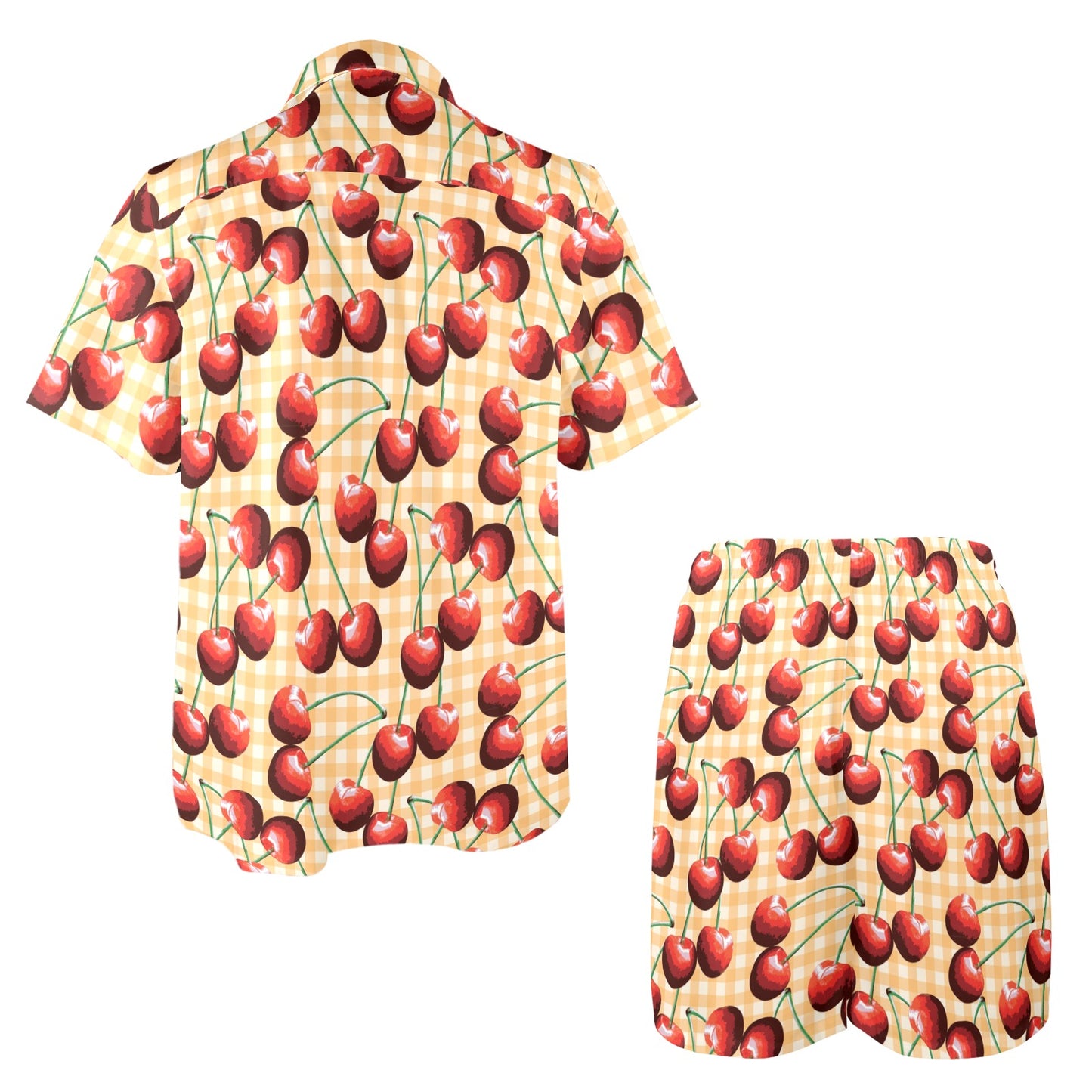 Cherry Orange Plaid Print Men's Beach Shirt and Shorts Set