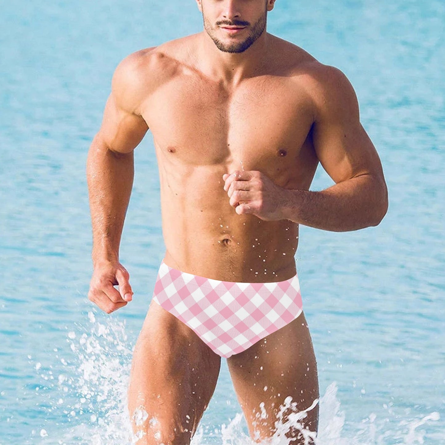 Gingham Pink Pattern Print Design 02 Men's Swimming Briefs