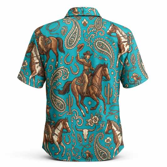 Western Cowgirl Horse Paisley Seamless Pattern Turquoise Women's Polo Shirt