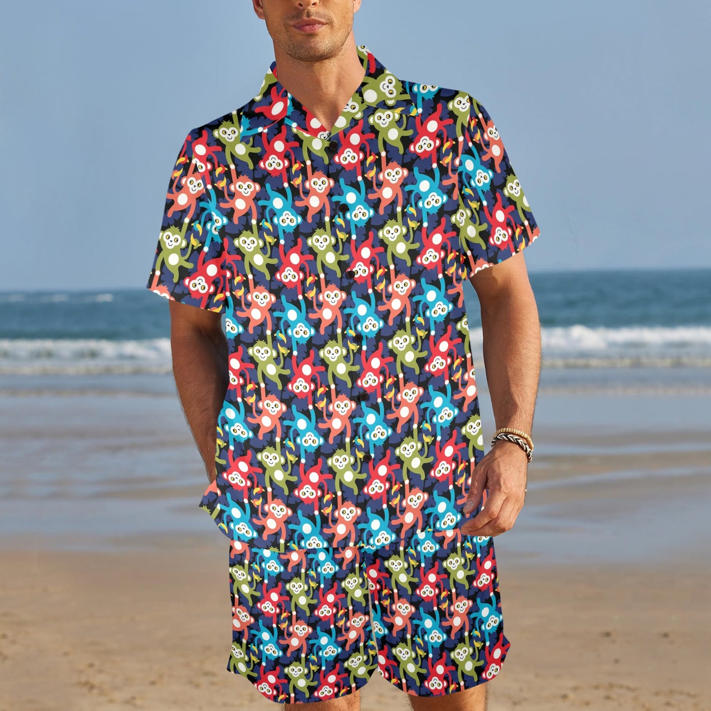 Monkey Colorful Design Themed Print Men's Beach Shirt and Shorts Set