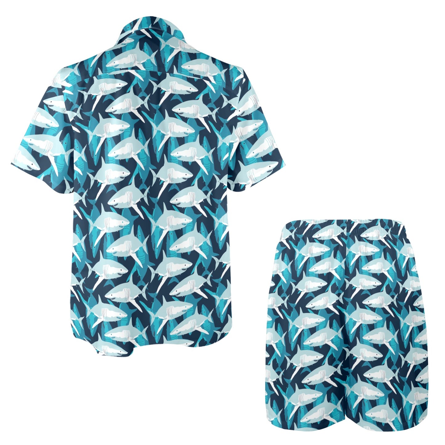 Shark Design Print Men's Beach Shirt and Shorts Set