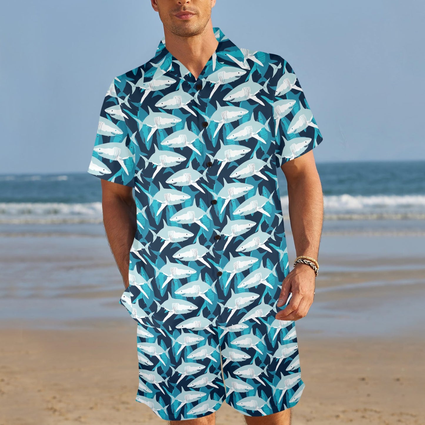 Shark Design Print Men's Beach Shirt and Shorts Set