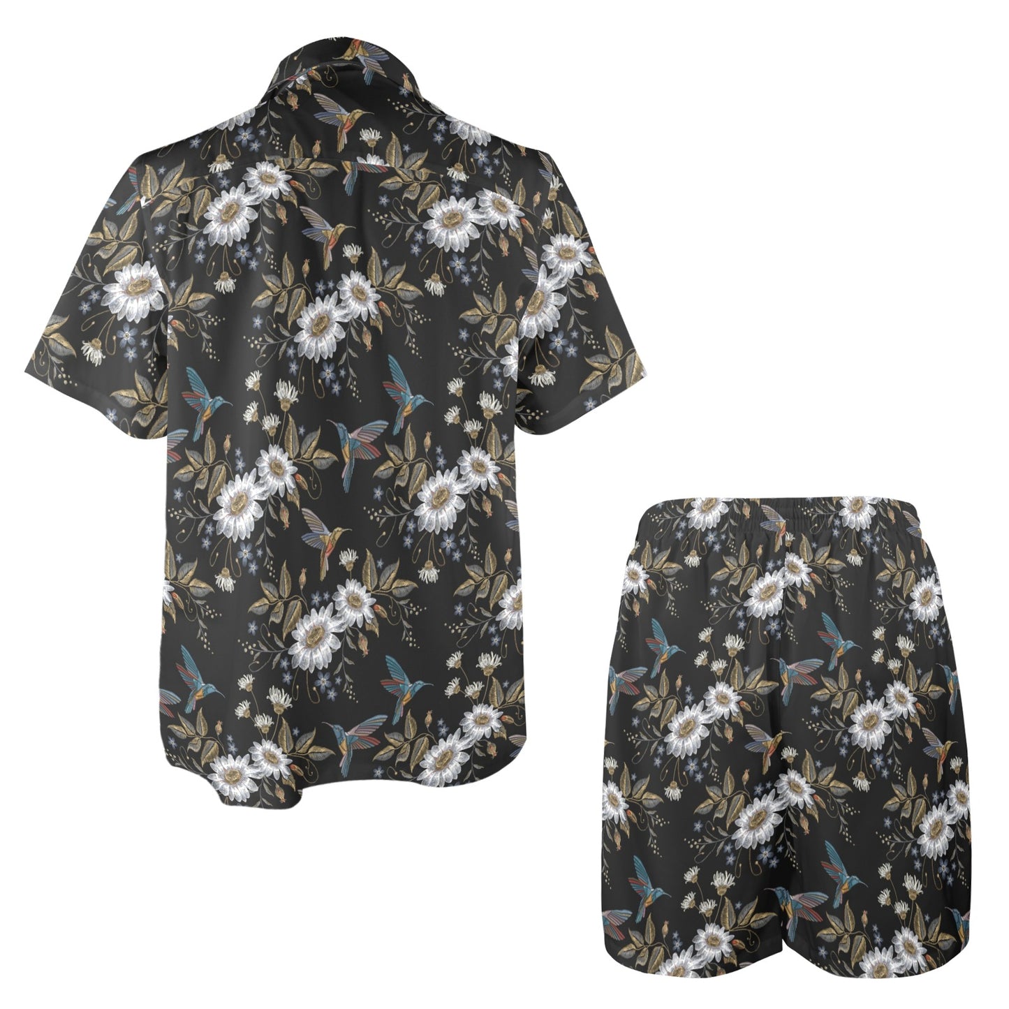 Hummingbird with Embroidery Themed Print Men's Beach Shirt and Shorts Set