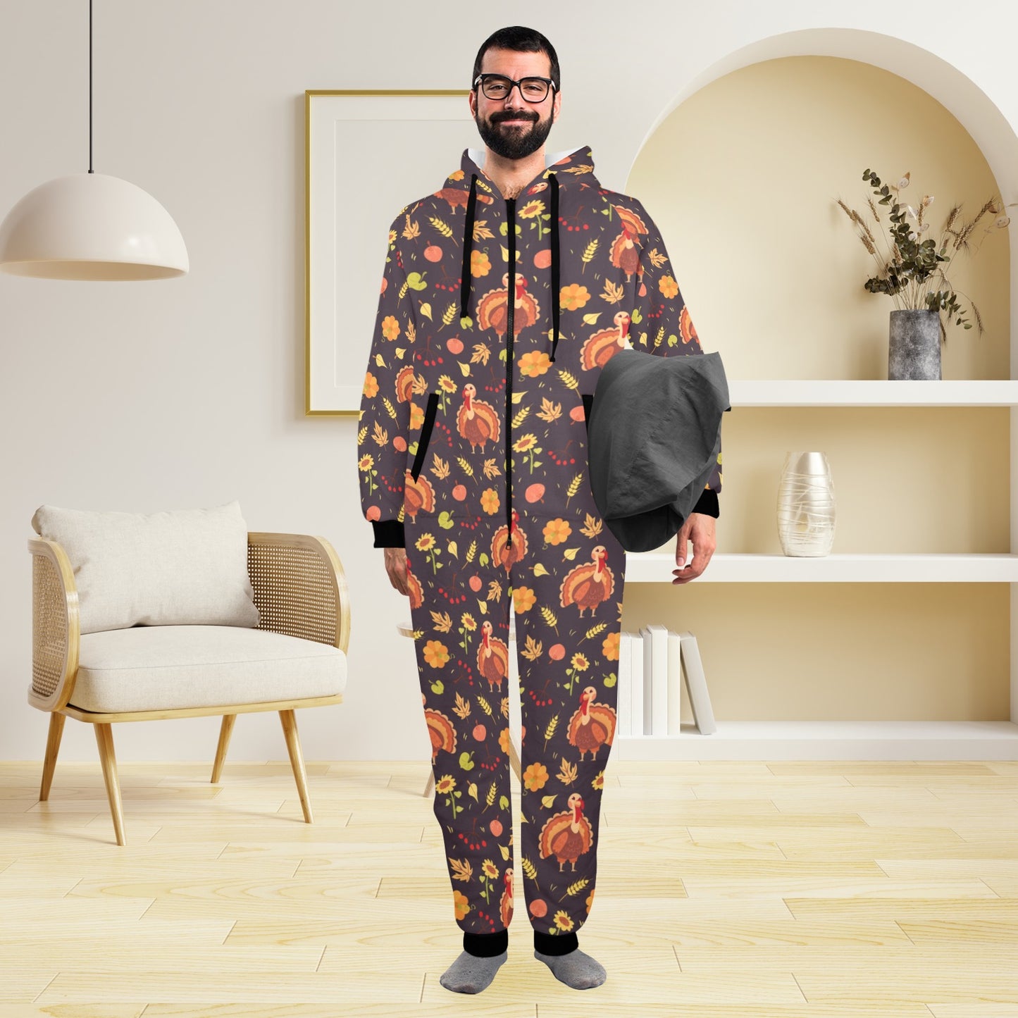 Thanksgiving Print Design LKS305 Hooded Fleece Onesie Pajama Jumpsuit