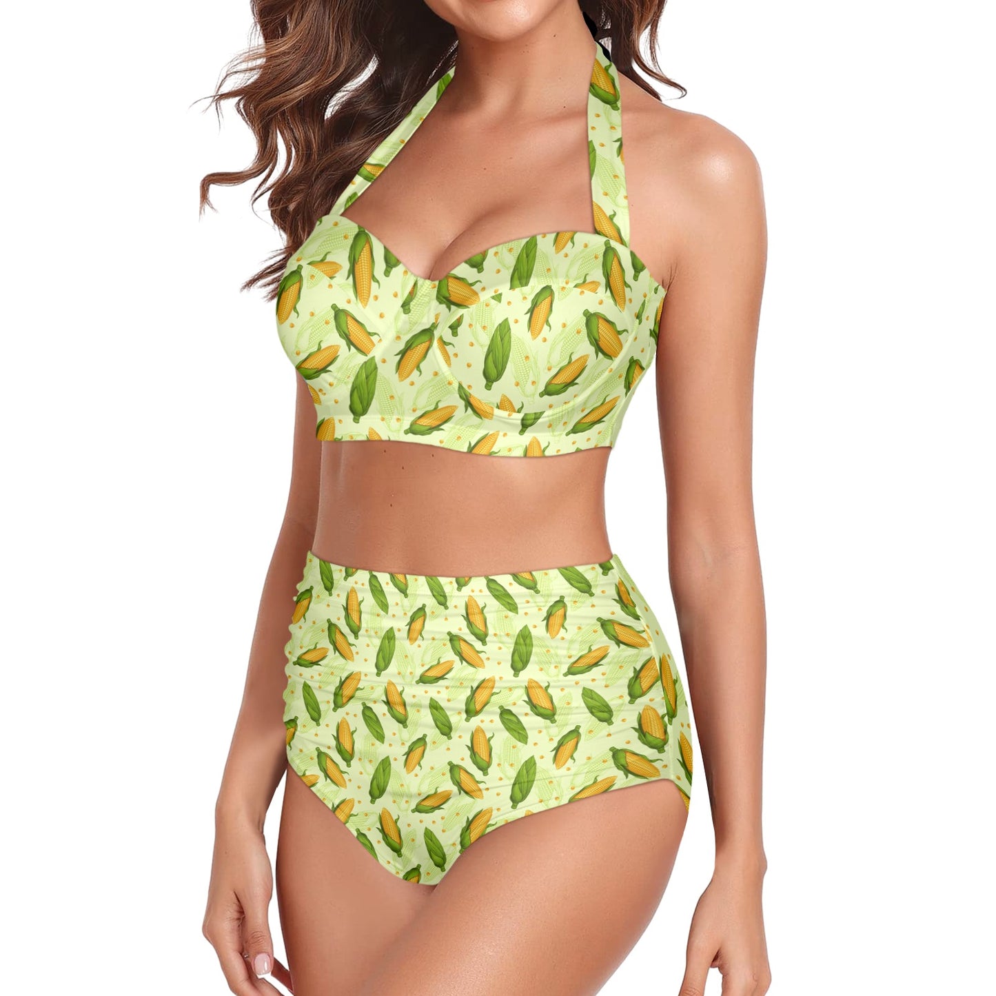 Agricultural Fresh Corn cob Print Pattern Halter Neck Bikini Swimsuit